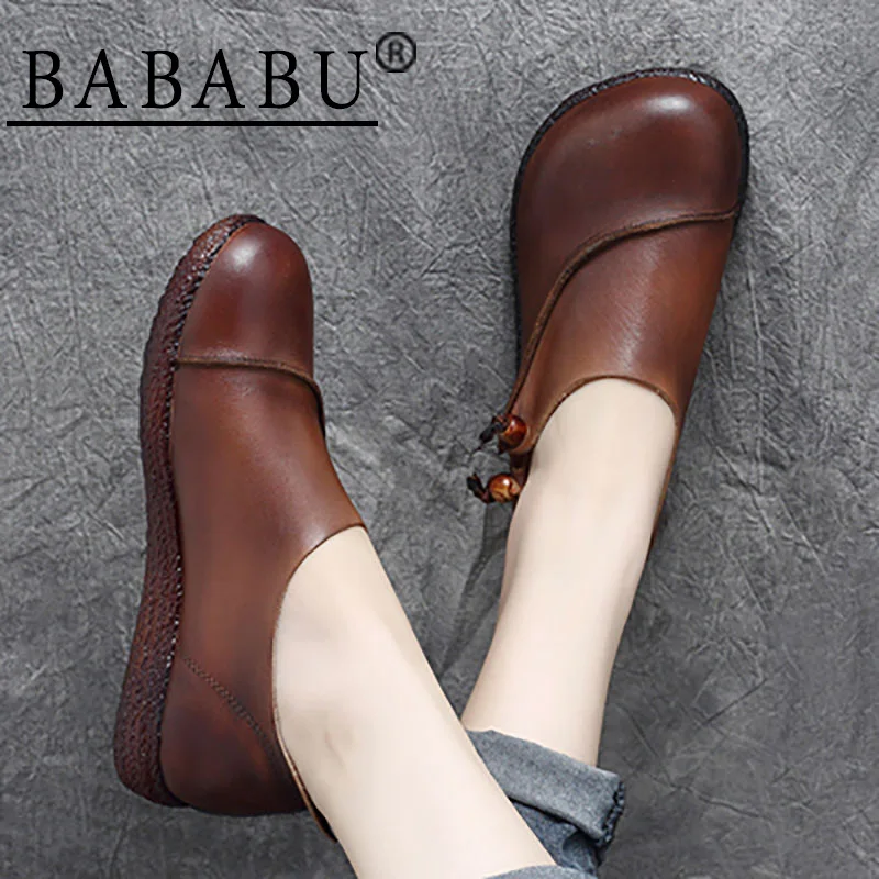 

2019 autumn new national style retro leather soft sole shoes casual round head flat deep mouth women's shoes