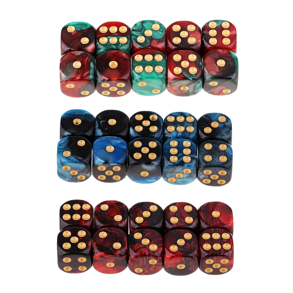 30x Two Colors Square 6 Sided 16mm (D6) Table Game Dice Set With White Pips