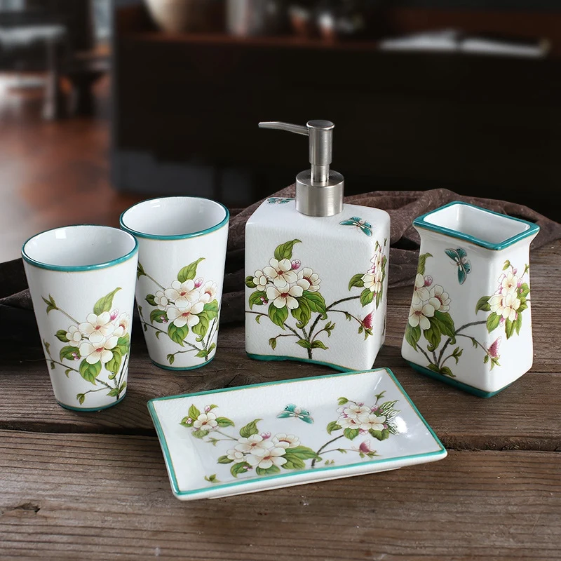 

Creative Gift Chinese Ceramic Bathroom Bathroom Set Of 5 Toothbrush Tube Cup Hand Sanitizer Bottle Soap Dish