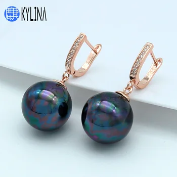 

KYLINA 2019 New Fashion Colorful Big Round Imitation Pearl Drop Earrings 585 Rose Gold For Women Girl Wedding Party Gift Jewelry