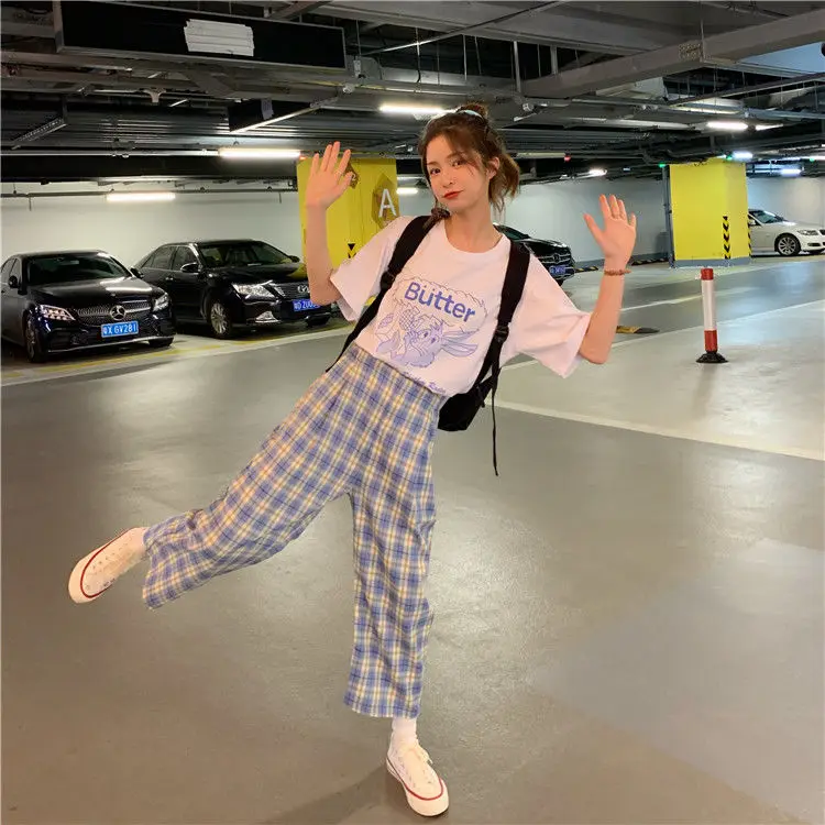 plus size pant suits Women Sets Short Sleeve Printed Simple T-Shirts Plaid Straight Elastic Waist Pants Casual Loose Chic Korean Style Plus Size 2XL womens pant suit set