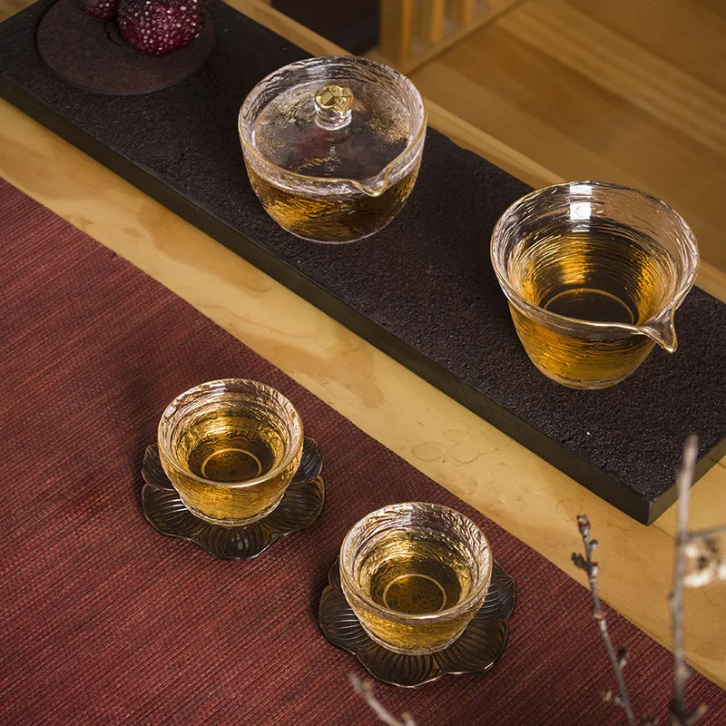 

Hammered Pattern Glass Travel Tea Set Portable Bag Express Carry-on Kung Fu Tea Cup Lidded Bowl Tea Set Tea Set Glass Gaiwan