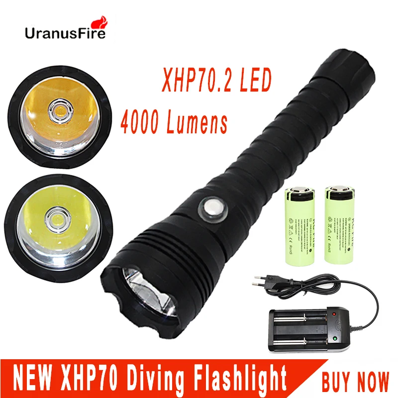 Фото Светодиодный фонарь для дайвинга XHP70.2, тактический фонарь с желтым/белым светом для дайвинга, Подводная Водонепроницаемая лампа для погружения с глубиной до 26650 м, 4000 люмен №1