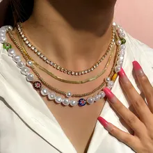

Trendy Multilayer Crystal Tennis Chain Beaded Necklace Choker for Women Irregular Pearl Flower Beads Chain Necklace Jewelry New