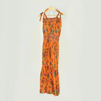 

19 Summer Vacation Wind Sling Pure Cotton Printing Hit Waist Long Skirt Dress 93080