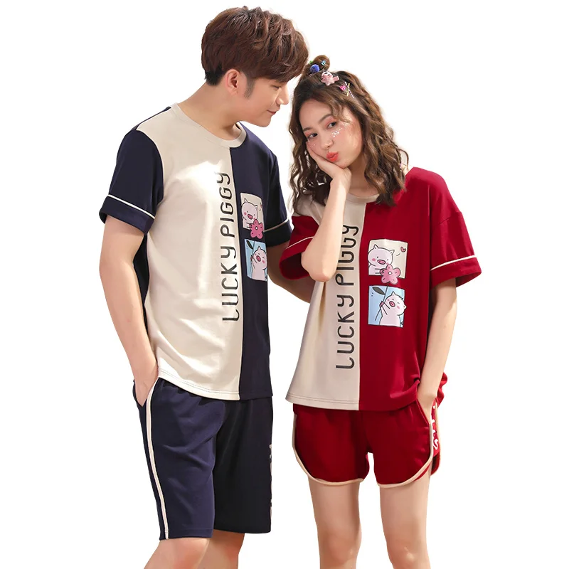 

Newest Summer 100% Cotton Couple Pajamas Set Short Sleeve Cartoon Pyjamas Casual Nightwear Sleepwear M-XXXL