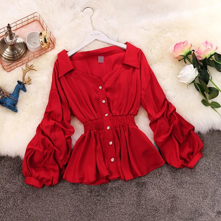 Осень Новая женская v-образным вырезом рукава-фонарики шифоновая рубашка с оборками Женская одинарной вязки блузка, женские рубашки Топ - Цвет: Красный