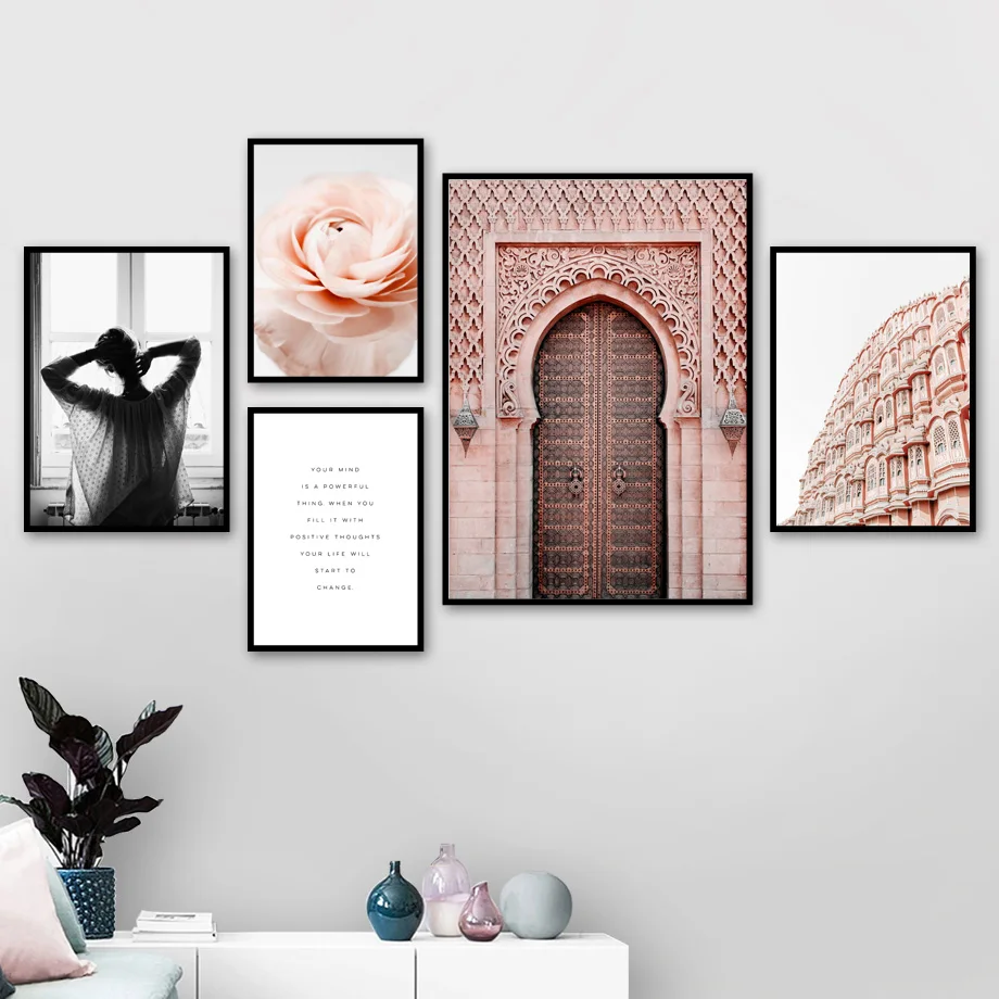 

Flower Pink Building Door Lazy Girl Wall Art Canvas Painting Nordic Posters And Prints Landscape Wall Pictures For Living Room