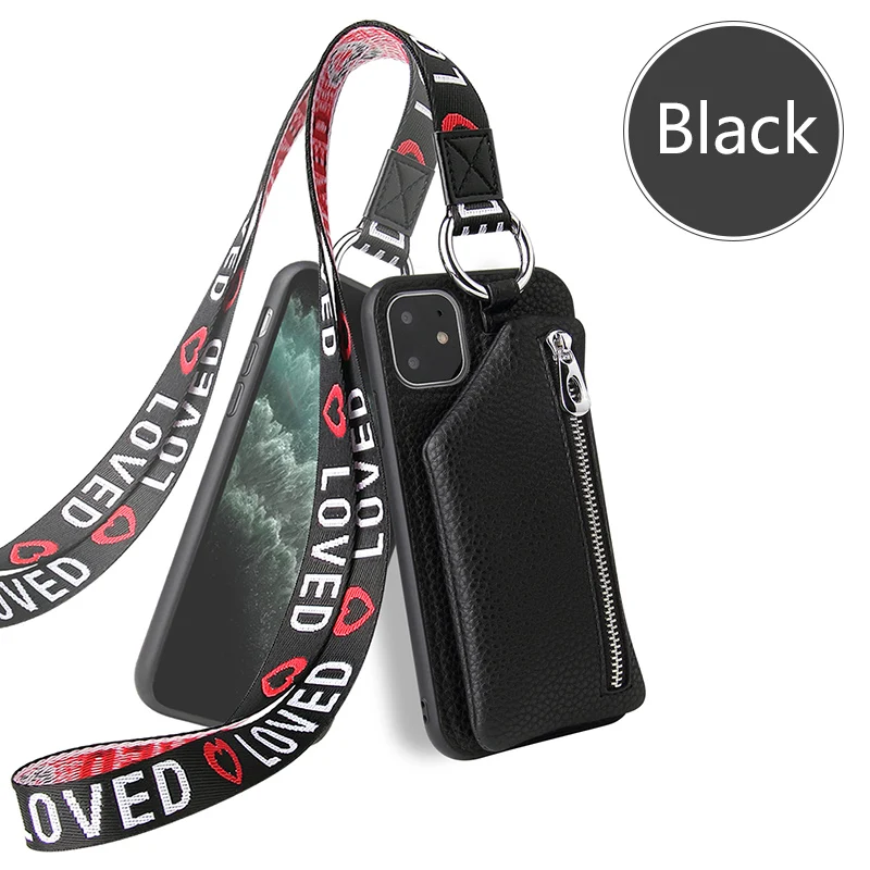 black Модный кожаный чехол-бумажник для iphone 11 Pro, дизайнерский держатель для карт на молнии, чехол для iphone 6, 7, 8 Plus, X, XR, XS, Max, бесплатный ремешок - Цвет: black