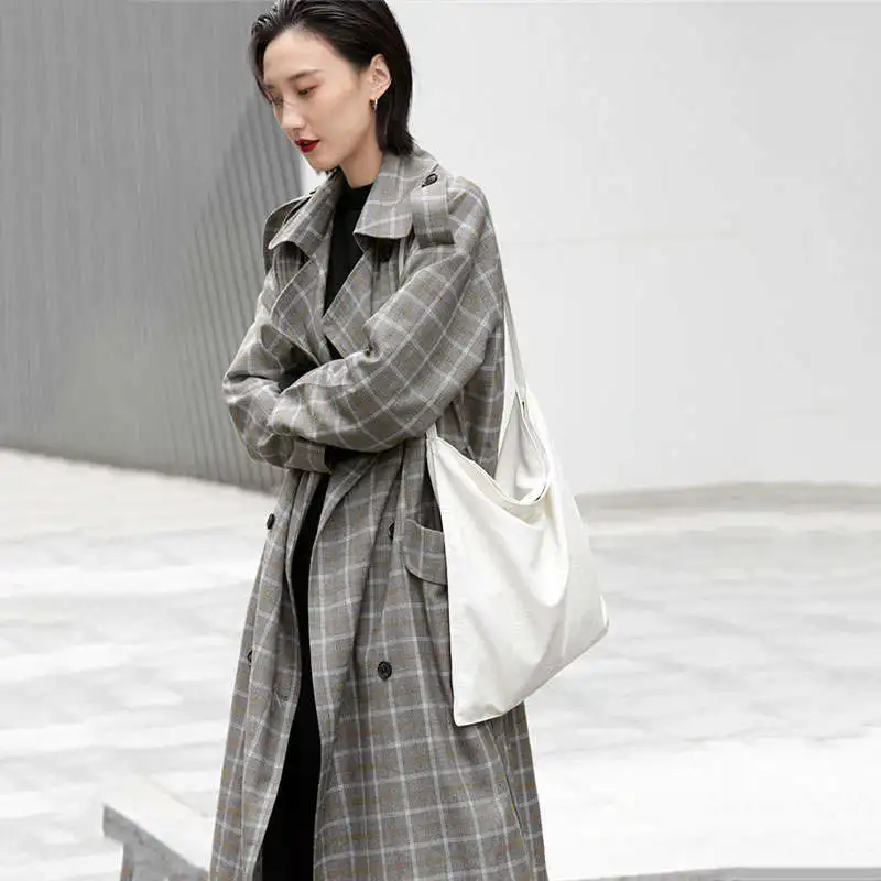 

2019 New Spring Autumn Long Trench Coat Women Vintage Long Sleeve Plaid Overcoats Female Windbreaker Coats Outerwear XA271