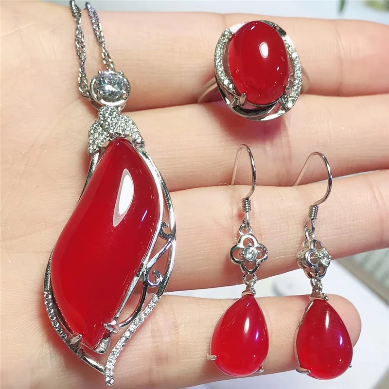 Jadery 925 пробы Серебряное ожерелье/серьги/кольцо натуральный красный нефрит ювелирные наборы для женщин вечерние ювелирные изделия подарки bijoux femme