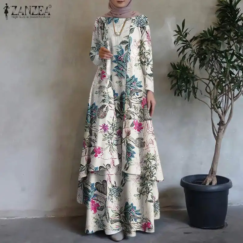 ZANZEA Women Vintage Floral Printed Abaya Hijab Dress Muslim Islamic