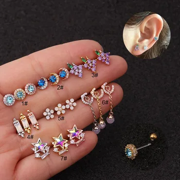 

LURUIXU 2020 New 1pc Colorful CZ Cartilage Stud Earrings for Women Star Moon Helix Tragus Stud Earring Ear Piercing Jewelry