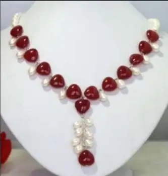 

Jewelry Pearl Necklace true natural white cultured pearl and red ruby heart necklace pendant Free Shipping