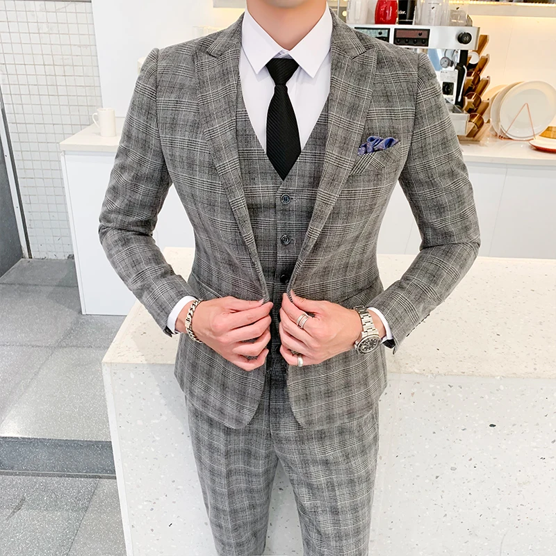 suit suit men's three-piece business plaid official gentleman west decoration body groomsman blazer S-5XL