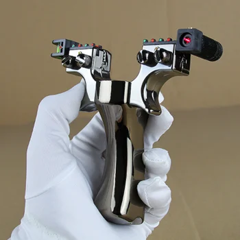 

A laser sighted slingshot equipped with a spirit level is used for outdoor sports hunting with a high-power slingshot catapult