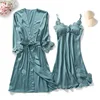 Yellow Robes Suit Autumn Women Nightgown Sets 2 Pieces Nightdress Bathrobe With Chest Pad Female Satin Kimono Bath Gown Sleepwea ► Photo 3/6