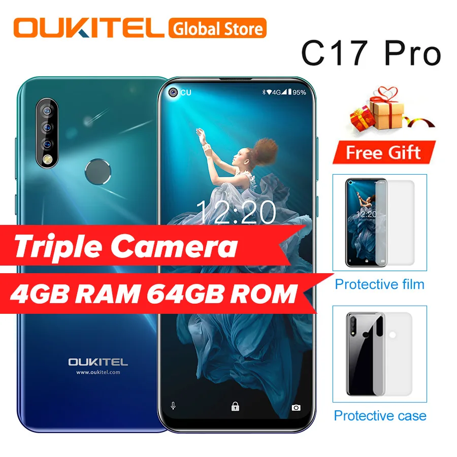 

OUKITEL C17 Pro 6.35"19.5:9 Android 9.0 Mobile Phone MTK6763 Octa Core 4G RAM 64G ROM Dual Rear Triple Cameras 4G LTE Smartphone