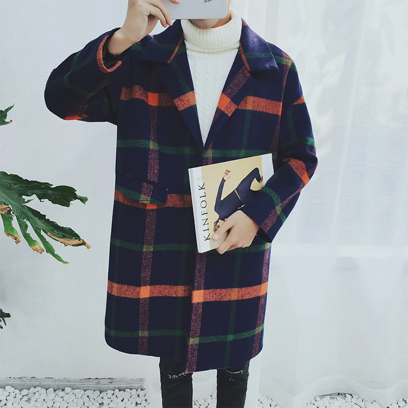 

Tartan Coat Men's Fashion Retro Casual Contrast V-neck Wool Jacket Man Streetwear Wild Loose Long Wool Coat Male Overcoat