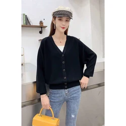 Suéter cardigã com decote em v para mulheres, 6 peças, elegante, sólido, quente, suéter macio, casaco, blusa, outono inverno