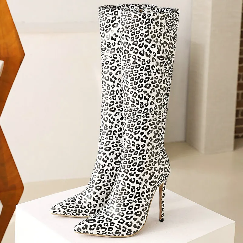 

PU Leather Women Leopard Super High Heel Shoes Autumn Winter Knee High Boots Women Snakeskin Leopard Long Boots Sexy Shoes Woman