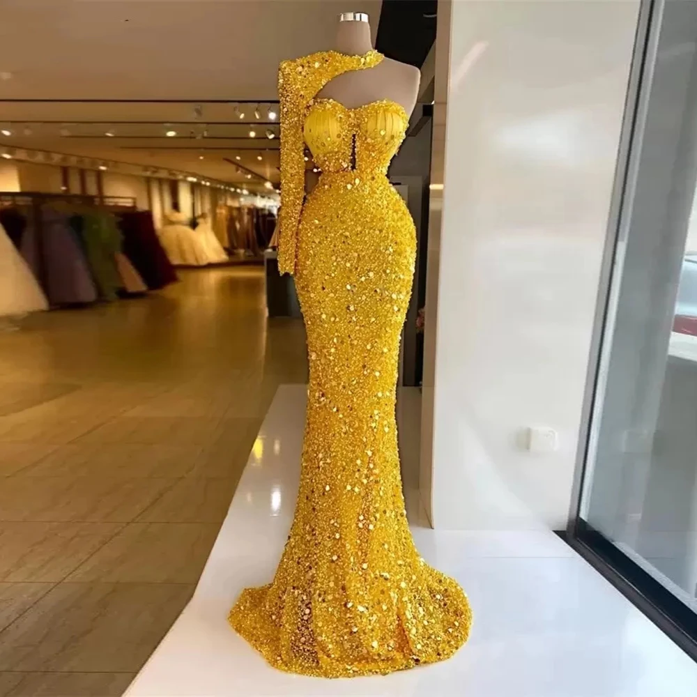 Glitter Gold Mermaid Prom Dress Plus Size Beads Sequined Formal Dubai Arabic One Sholder Evening Party Gowns Robe De Soiree burgundy prom dresses