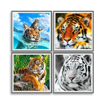 

2020 New 4 Pack Tiger 5D DIY Diamond Painting Kits Full Drill Rhinestone Embroidery Cross