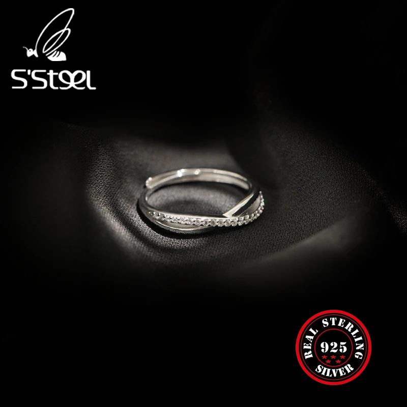 

S'STEEL 925 Sterling Silver Rings Zircon Interwoven Open Ladies Engagement Ring Gift For Girlfriend Minimalist Jewelry For Women