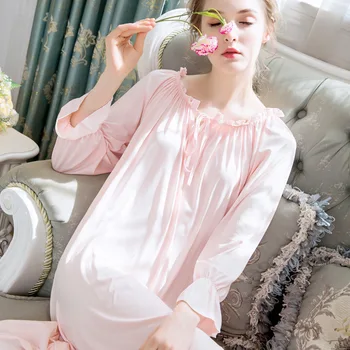 

Nightgown Nightdress Elegant Sleepdress Autumn Sleepwear Lantern Sleeve Bow Long Princess Style Sleepwear Soft Homewear