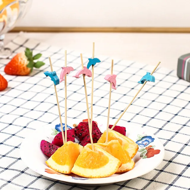 100 db Eldobható Delfin Bambusz Szed Ételvillák Gyümölcs Koktél Kézzel Készített Fogpiszkók Piknik Party Kellékek Asztal Dekoráció - Image 6