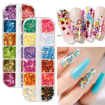 

1 Box 12 Grids Nails Sparkly Mixed Love Heart Paillette Round Triangle Geometric Polygon Glitter Sequins Decoration Design