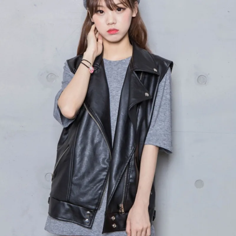 

Hot Sale Korea Fashion Loose Fit Women Vest Colete Feminino Biker Coat Casaco De Couro Faux Leather Jacket Women Waistcoat Black