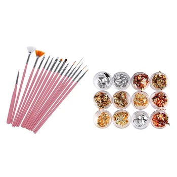 

15Pcs Nail Art Acrylic UV Gel Design Brush Set Painting Pen Tips Tools Kit Pink & 12Pcs/Set Nail Art Foil Paper 2