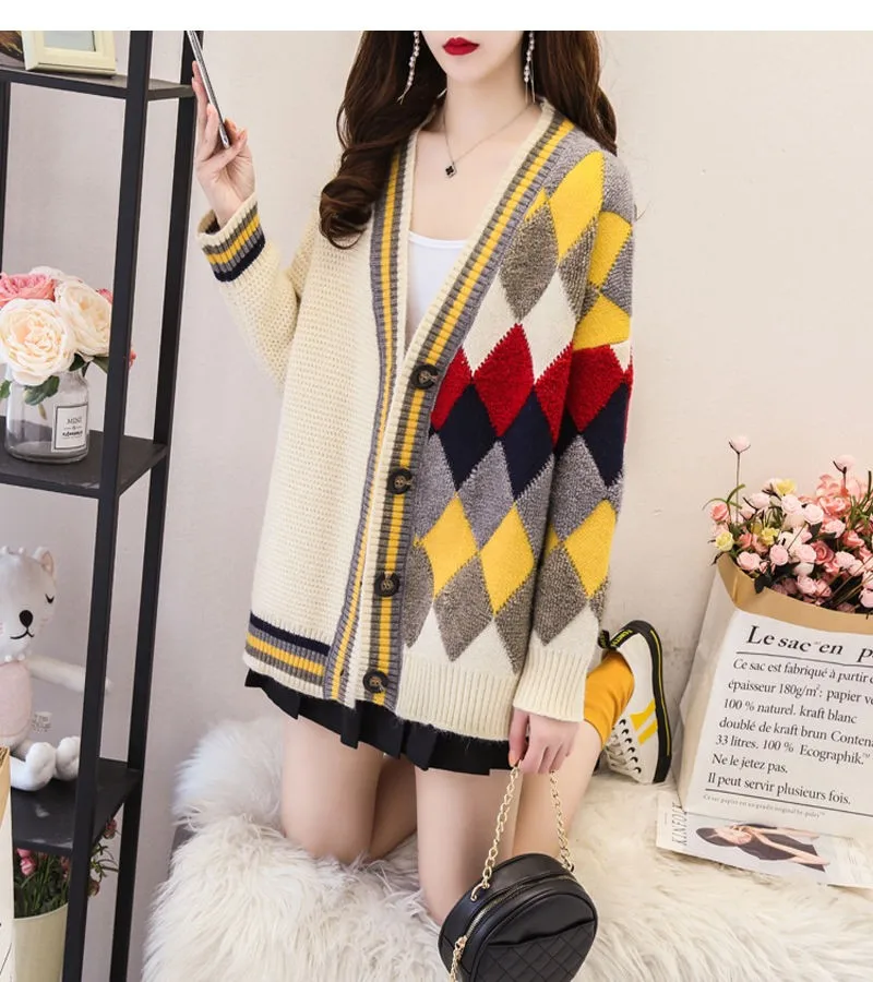NiceMix Autumn New Single Breasted Patchwork Women Sweater Korean V Neck Geometric Pattern Cardigans Female Knitwear