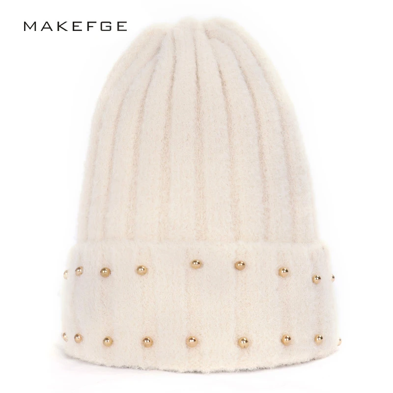 Новая однотонная женская зимняя шапка с жемчугом шерстяная осенне-зимняя теплая мохеровые вязаные шапки удобные повседневные мужские и женские