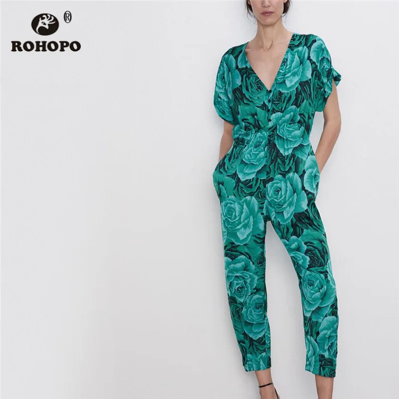 

ROHOPO Short Sleeve Floral Top Buttons Fly Harm Bottom Floral Jumpsuit Ladies Autumn Green Soft Tunic Mono #9343