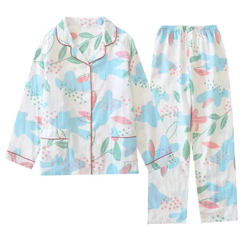 

Womens Cotton Long Sleeve Spring Pajamas Turn-down Collar Printing Thin Pajama Set Women Two Piece Sleep Printing Home Sleepwear