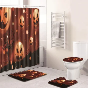 

4pcs/set Halloween Shower Curtain Pedestal Rug Lid Toilet Cover Mat Bath Mat Set Bathroom Curtains Carpet Flannel Bath Mat