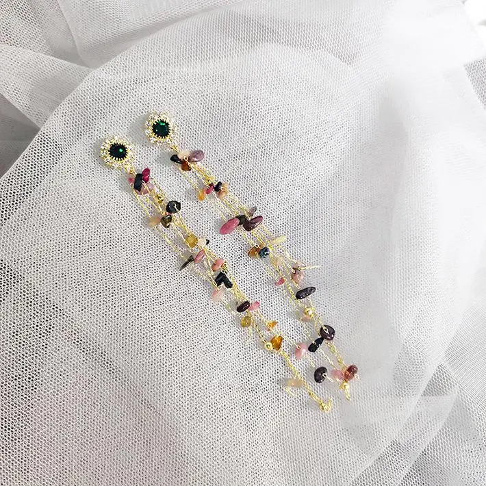Dominated personality fashion crystal flower Long metal tassels design Multicolor resin molding Women Drop earrings jewelry - Окраска металла: gold