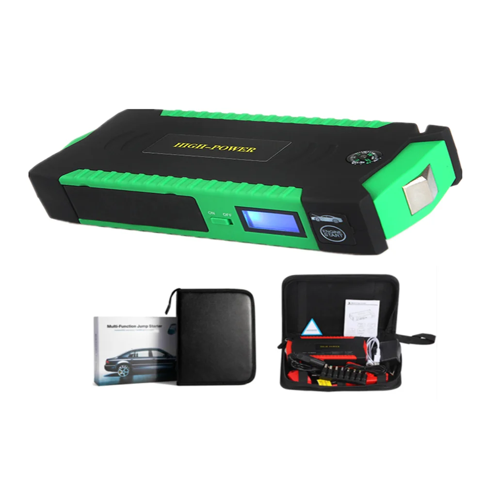 Green Storage bag Автомобильный стартер 12000 мАч 4 usb порта банк питания с компасом светодиодный аварийный фонарик молоток автомобильный аккумулятор бустер зарядное устройство - Color: Green Storage bag