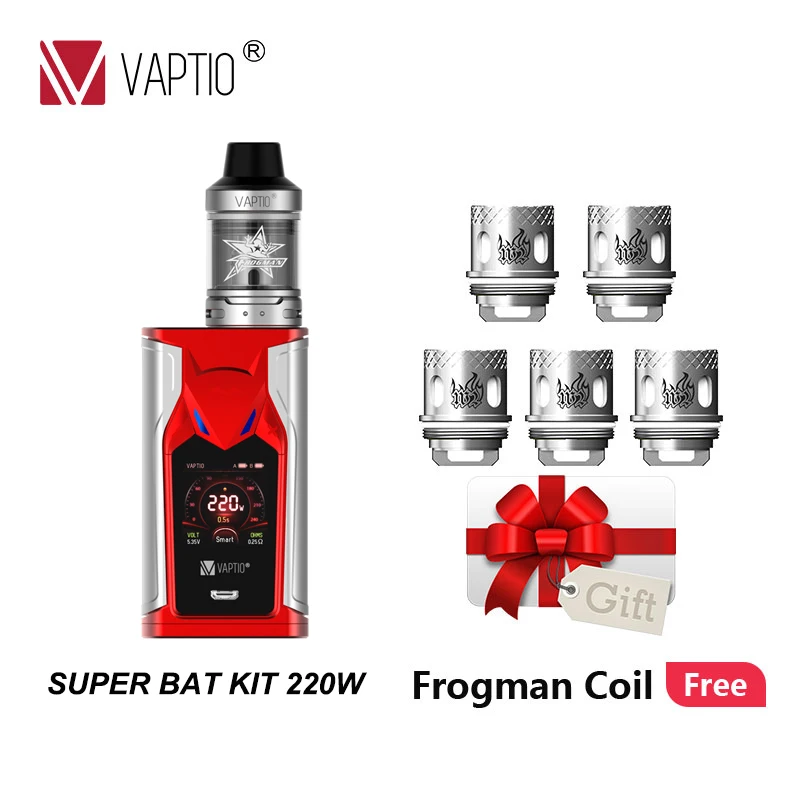 

Gift Coils Vape kit Vaptio Super Bat 220W Mod 510 thread atomizer tank 2.0/5.0ml fit 18650 Battery 1.3inch Color TFT display
