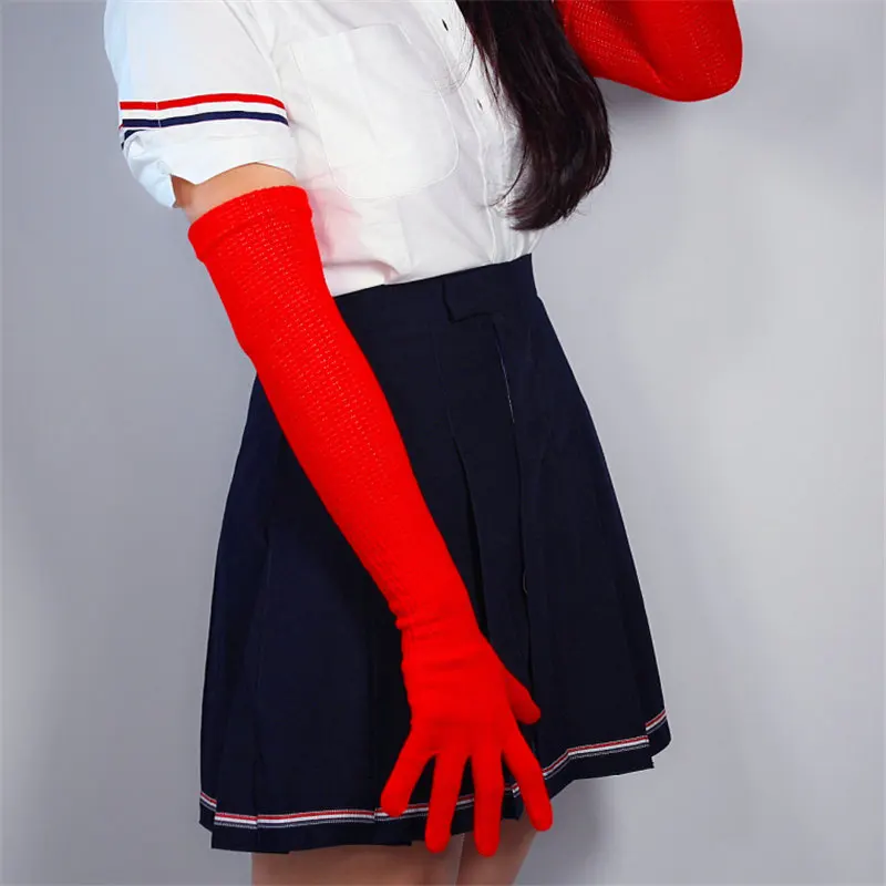 Модные длинные шерстяные перчатки 55 см Вязание пять пальцев высокие эластичные шерстяные женские небесно-голубые S00235-1 - Цвет: Red
