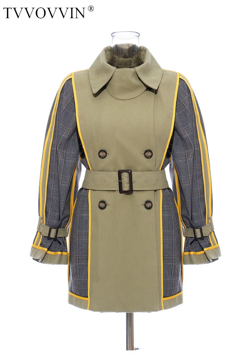 TVVOVVIN Personality Both Row Buckle Patchwork Hit Color Lattice Can Both Sides Clothes Long Fund Windbreaker Loose Coat ZX122