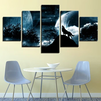 

Wall Poster Printing Modular Painting Framework 5 Pieces Animal Forest Wolf Starry Sky Scenery Canvas Pictures Art Decoration
