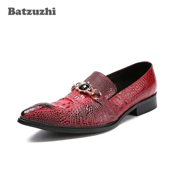 

Batzuzhi Leather Dress Shoes Men Pointed Toe Italian Style Fashion Men's Leather Shoes Wine Red Crocodile Skin Pattern, EU38-46