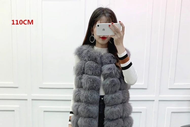 Grey 110cm Уникальный дизайн X-Long жилет из натурального меха лисы полный ремень женский длинный тонкий натуральный мех пальто с карманами молния спереди 90 см/110 см - Цвет: Grey 110cm
