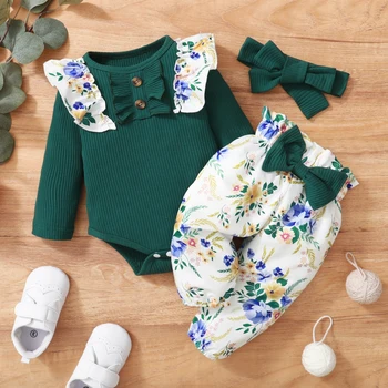 Alternative view of Baywell Autumn Newborn Baby Girl 3PCS/Set Clothing Set Ruffled Sleeve Romper Top+Floral Print Pants+Headband Infant Clothes