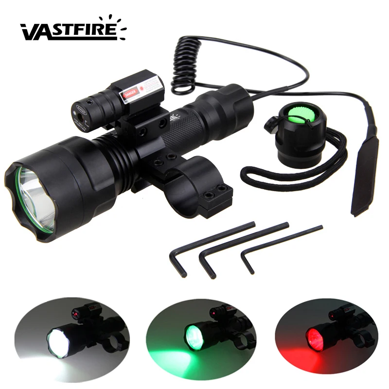 

LED Tactical Hunting Flashlight Red Green White Rifle Gun Light+Laser Dot Sight Scope+Press Remote Switch+20mm Rail Barrel Mount