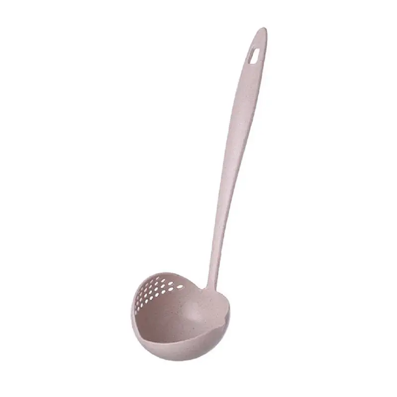 Beige Wheat Straw 2 in 1 Long Handle Soup Spoon Home Strainer Cooking Colander Kitchen Scoop Plastic Ladle Tableware - Цвет: Beige