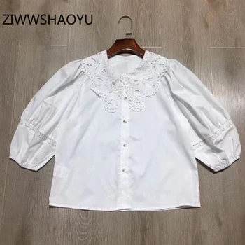 

ZIWWSHAOYU Summer Women White Embroidery Short Shirt Runway Designer Ladies Half Sleeve Streetwear Fashion Blouse Tops